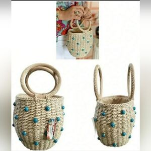 Boho Cottage Farm Straw Beaded Turquoise Blue Bucket Artisy Woven Handbag New
